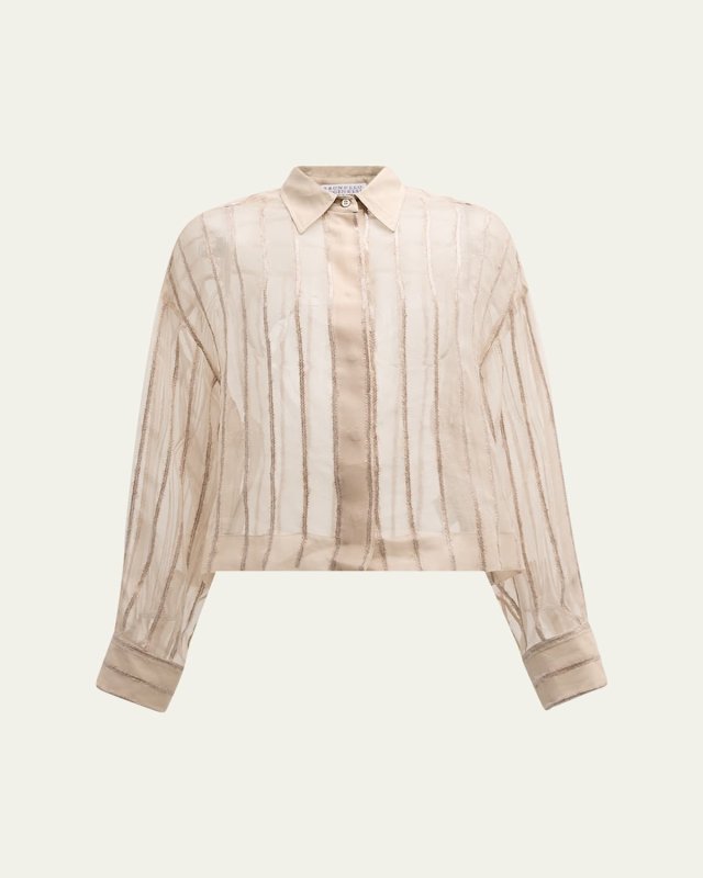Crispy Silk Button-Front Blouse with Sequin Stripes